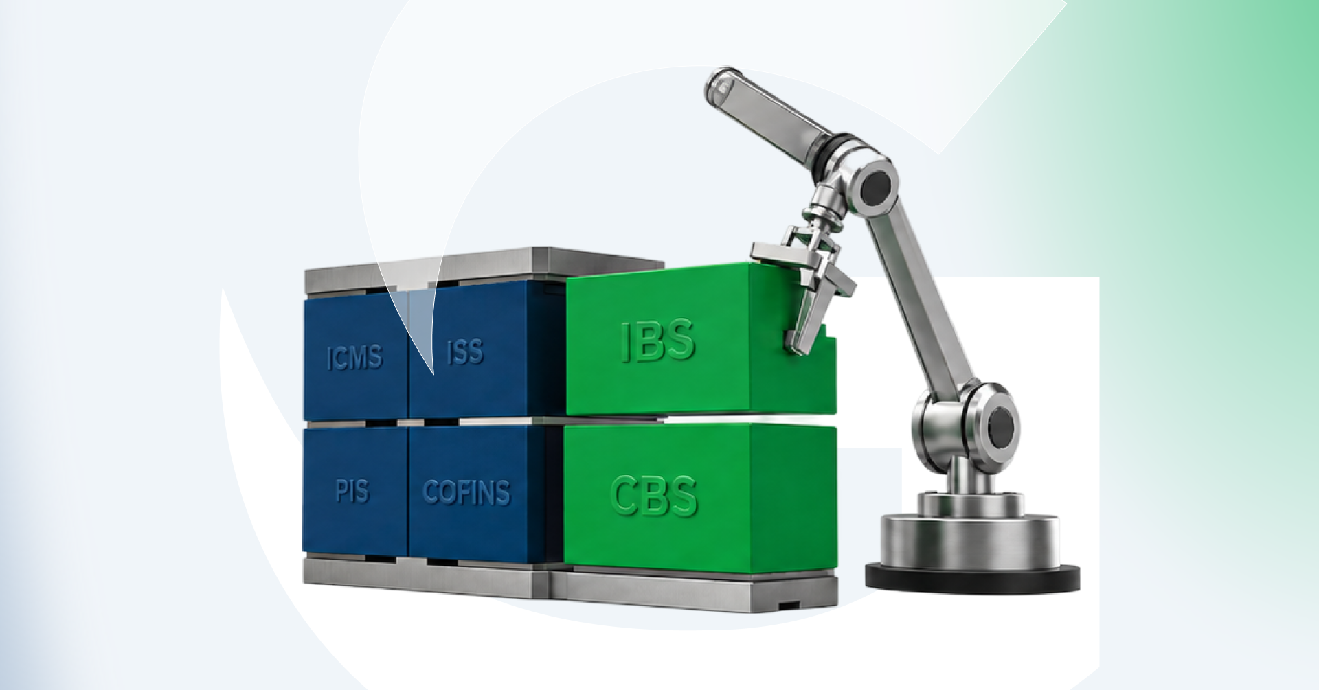 Ilustração 3D conceitual mostrando um braço robótico metálico substituindo blocos empilhados azuis com as siglas ICMS, ISS, PIS e COFINS por blocos verdes com as siglas IBS e CBS, simbolizando a transição dos tributos atuais para o novo modelo da Reforma Tributária, sobre um fundo com o símbolo da marca Gedanken ao fundo.